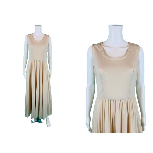 Vintage 70s Dress Set Womens M Khaki Rhinestone Buttons Dramatic Pleated Maxi Sk - Picture 2 of 10